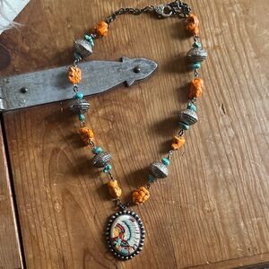 Boho Turquoise & Orange Beaded Pendant Necklace